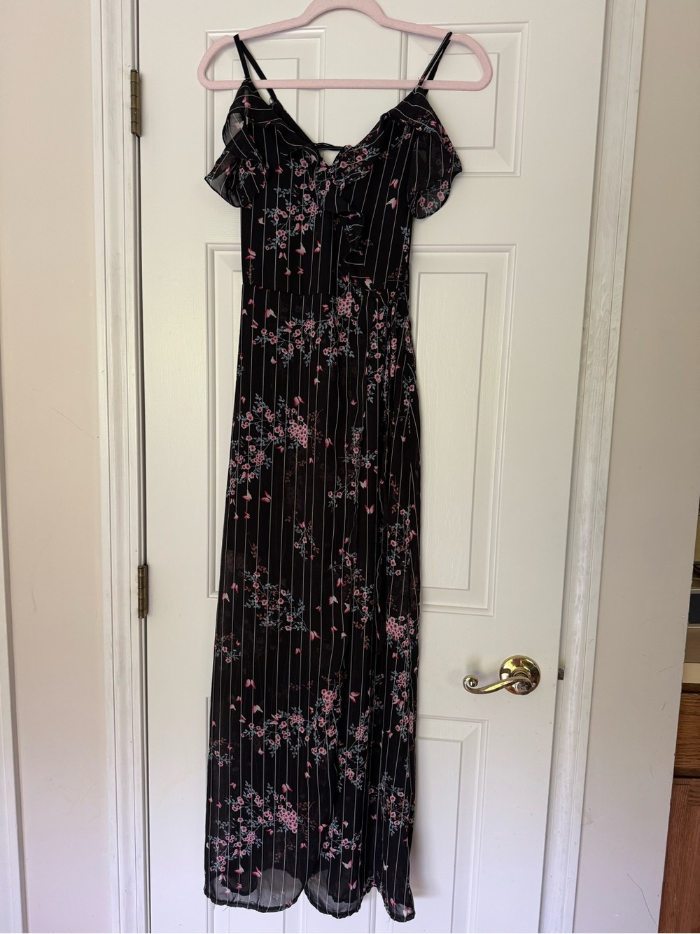 Black Floral Maxi Dress with Pink Blossoms
